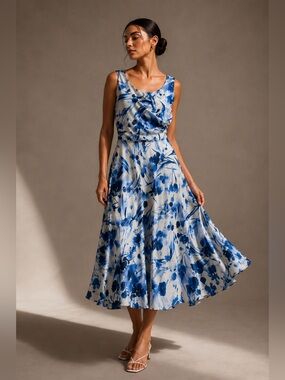 Jacques Vert Blue Floral Fit & Flare Midi Dress UK 12 CA 10 Wedding Guest